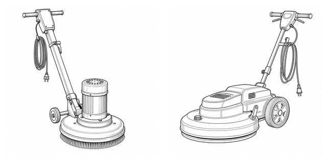 Original side-by-side line-art comparison of Low-speed rotary floor machine and High-speed burnisher.