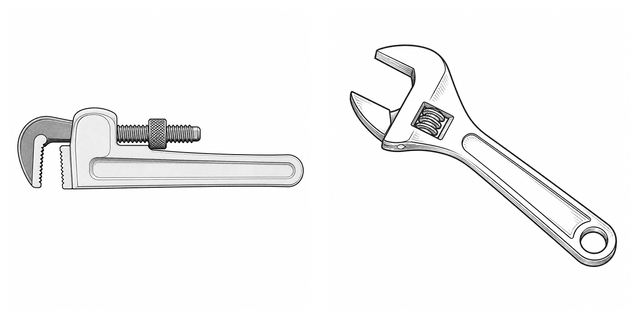 Original side-by-side line-art comparison of Pipe wrench and Adjustable wrench.