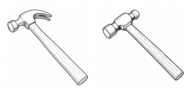 Original side-by-side line-art comparison of Claw hammer and Ball-peen hammer.