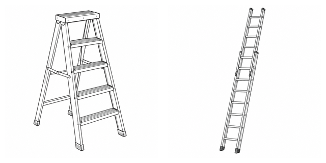 Original side-by-side line-art comparison of Stepladder and Extension ladder.