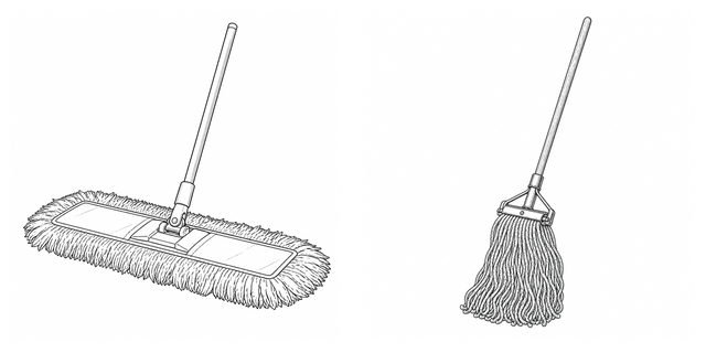 Original side-by-side line-art comparison of Dust mop and Wet/string mop.