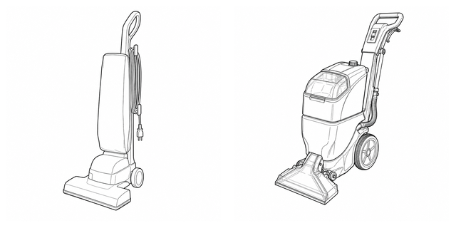 Original side-by-side line-art comparison of Upright vacuum and Carpet extractor.