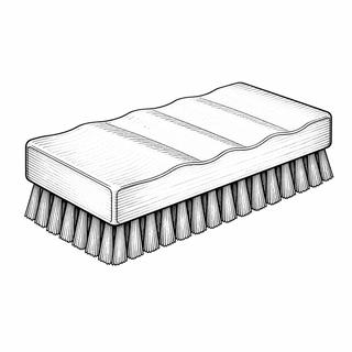 An original black line illustration showing bristled working head and form intended for manual scrubbing; no brand or scale claim.