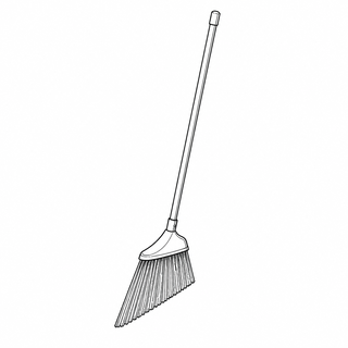 An original black line illustration showing angled bristle head and long household-broom handle; no brand or scale claim.