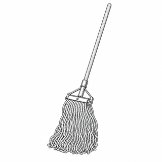 An original black line illustration showing absorbent string head and long floor-cleaning handle; no brand or scale claim.