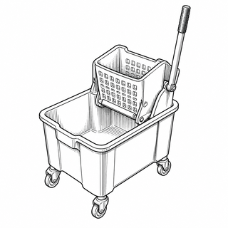 An original black line illustration showing bucket basin and integrated wringer press; no brand or scale claim.