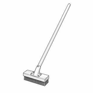 An original black line illustration showing stiff rectangular bristle head and long scrubbing handle; no brand or scale claim.