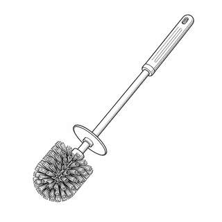 An original black line illustration showing narrow handle and rounded or curved bristle head for bowl access; no brand or scale claim.