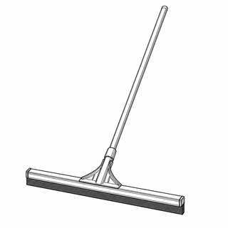 An original black line illustration showing long handle and broad floor-width rubber blade; no brand or scale claim.