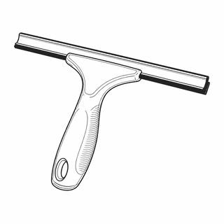 An original black line illustration showing short handle and rubber blade held in a window channel; no brand or scale claim.