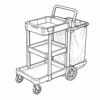 An original black line illustration showing wheeled multi-compartment frame and shelves or bag supports; no brand or scale claim.