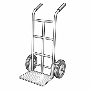 An original black line illustration showing upright frame with handles and two wheels and a bottom toe plate; no brand or scale claim.