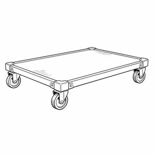 An original black line illustration showing low load platform and small casters beneath the platform; no brand or scale claim.