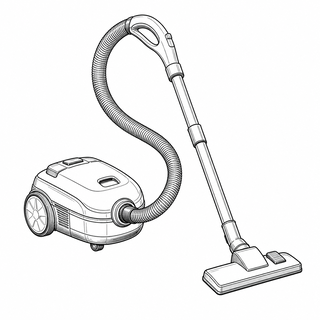 An original black line illustration showing separate wheeled canister and hose and wand assembly; no brand or scale claim.