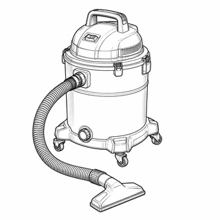 An original black line illustration showing tank-style body and flexible suction hose; no brand or scale claim.