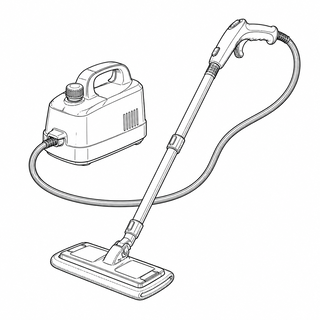An original black line illustration showing steam-producing equipment body and hose or task attachment; no brand or scale claim.