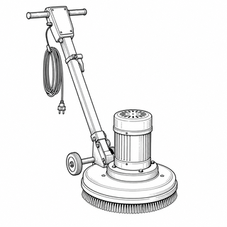 An original black line illustration showing representative rotary floor-machine chassis and handle controlling a circular pad or brush; no brand or scale claim.