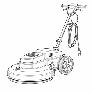 An original black line illustration showing representative burnisher chassis and floor-polishing pad housing; no brand or scale claim.
