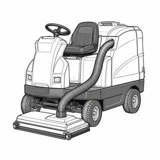 An original black line illustration showing operator seat and controls and large ride-on cleaning chassis; no brand or scale claim.