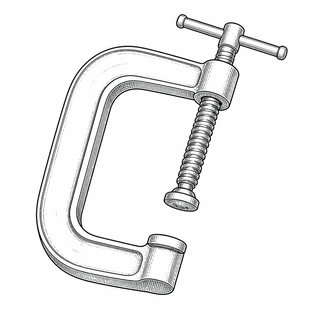 An original black line illustration showing rigid C-shaped frame and threaded clamping screw; no brand or scale claim.