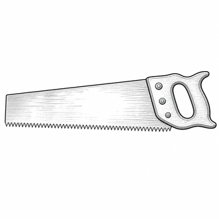 An original black line illustration showing hand-saw blade and tooth pattern intended for cross-grain cutting; no brand or scale claim.