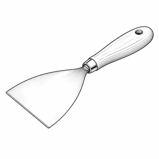 An original black line illustration showing broad flexible spreading blade and straight handle behind the blade; no brand or scale claim.