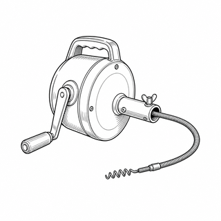 An original black line illustration showing coiled flexible cable and manual crank or feed housing; no brand or scale claim.