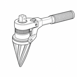 An original black line illustration showing tapered reaming head and pipe-deburring cutting edges; no brand or scale claim.