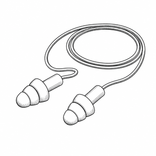 An original black line illustration showing pair of small ear-insert protectors and corded or uncorded form; no brand or scale claim.