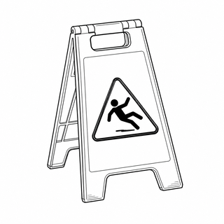 An original black line illustration showing high-visibility freestanding sign or cone and wet-floor warning symbol or wording; no brand or scale claim.